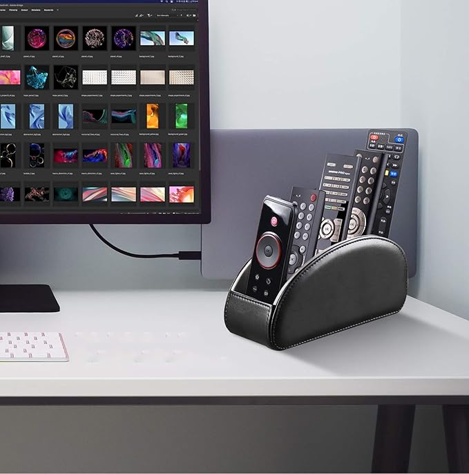 All-in-One Leather TV Remote Control Holder Black with 5 Compartments Nightstand Desktop DVD Media Player Remote Caddy Storage Box Organizer Tray For Makeup Brush Pen Stationary Table Controllers