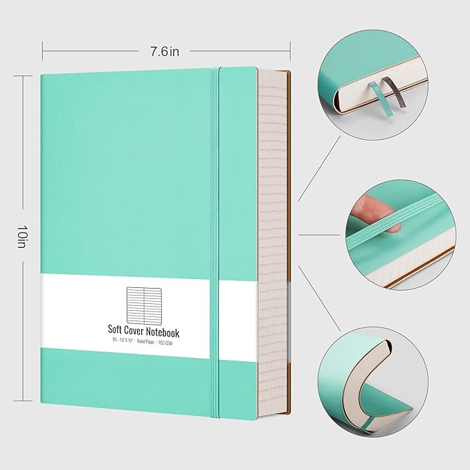 AHGXG Thick Notebooks - B5 Large Lined Journal for Women, 320 Numbered Pages Notebooks College Ruled, 100gsm Thick Paper, Leather Softcover, 7.6'' X 10''- Mint