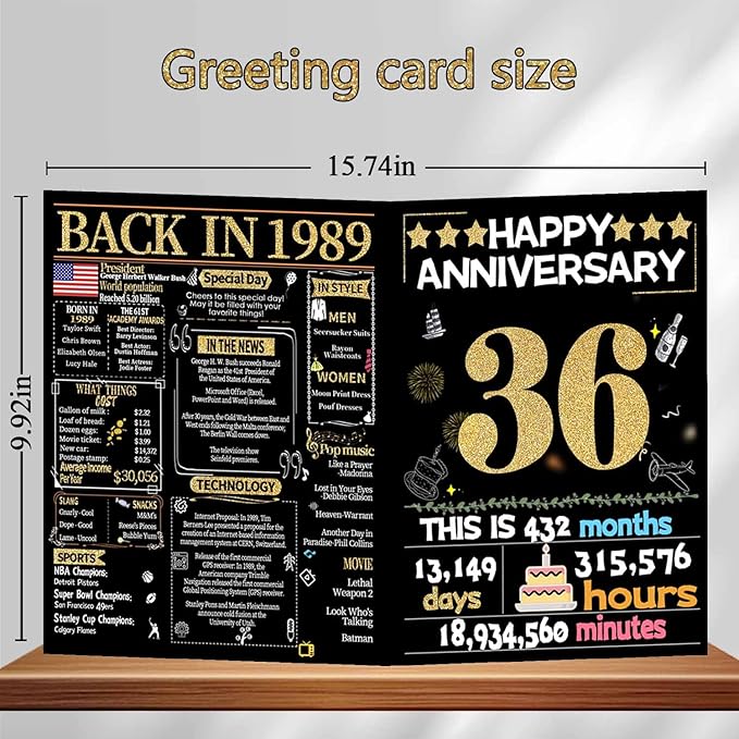 Joycard 36th Anniversary Card for Women Men, Gold Wedding Card for Wife Husband, Sweet Marriage Decorations Gifts for Couple, Perfect for Her Him on Anniversary Day, Back in 1989