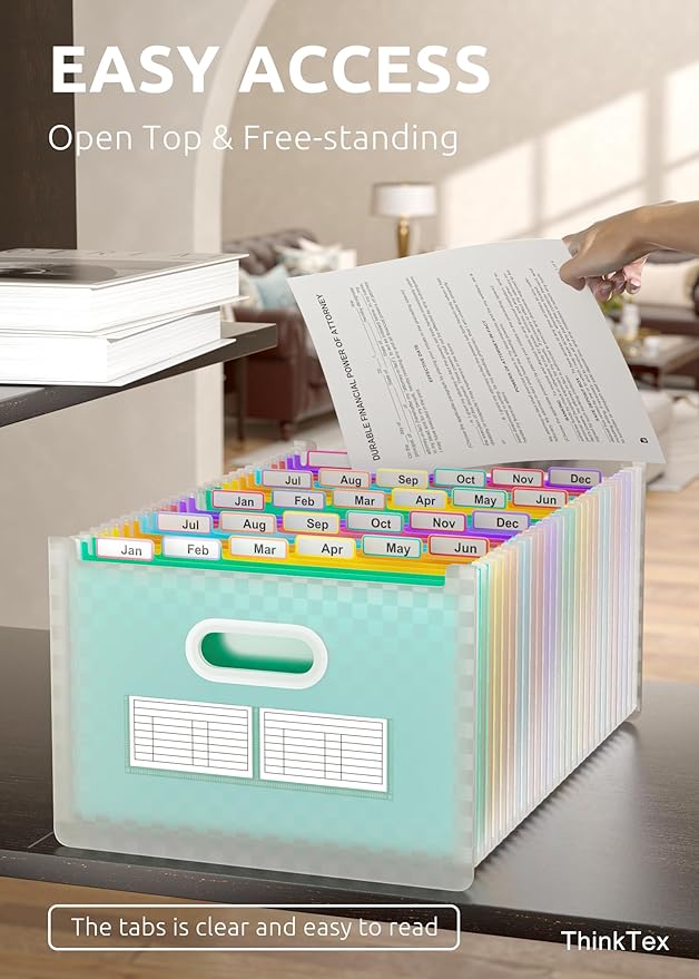ThinkTex 26 Pockets Accordion File Organizer, Upright & Open Top, A-Z Colorful Tabs, Larger Capacity Expanding File Folder, Letter/A4 Size for School, Home and Office - Green