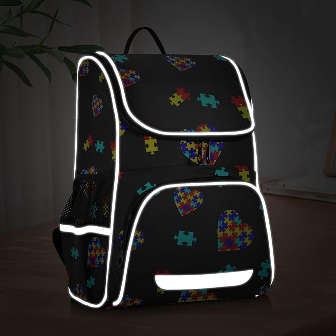 Autism Awareness Colorful Puzzle Backpack with Reflective Strip for Kids Boys Girls Elementary School Bag Removable Chest Strap