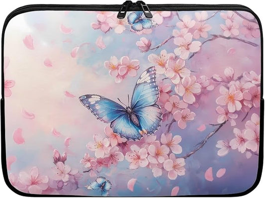 Butterfly Print Laptop Bag for Girls, 12 Inch Peach Blossom Laptop Sleeve Soft Laptop Case Bag for Girls, Waterproof Laptop Briefcase Computer Bag with Zipper