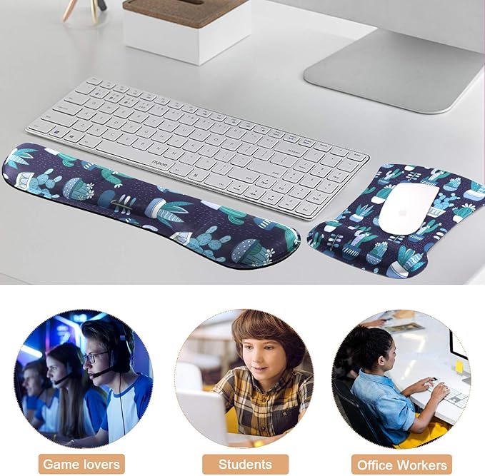 iCasso Keyboard Wrist Rest and Mouse Wrist Rest Pad, Made of Memory Foam, Ergonomic Support, Easy Typing and Relieve Wrist Pain, Perfect for Gaming, Office (Green Cactus)