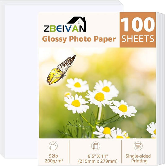 ZBEIVAN 8.5x11 Photo Paper, Glossy Printer Paper 100 Sheets, 8.5 x 11 Inkjet Printer Photo Paper for Dye Ink, 200 GSM