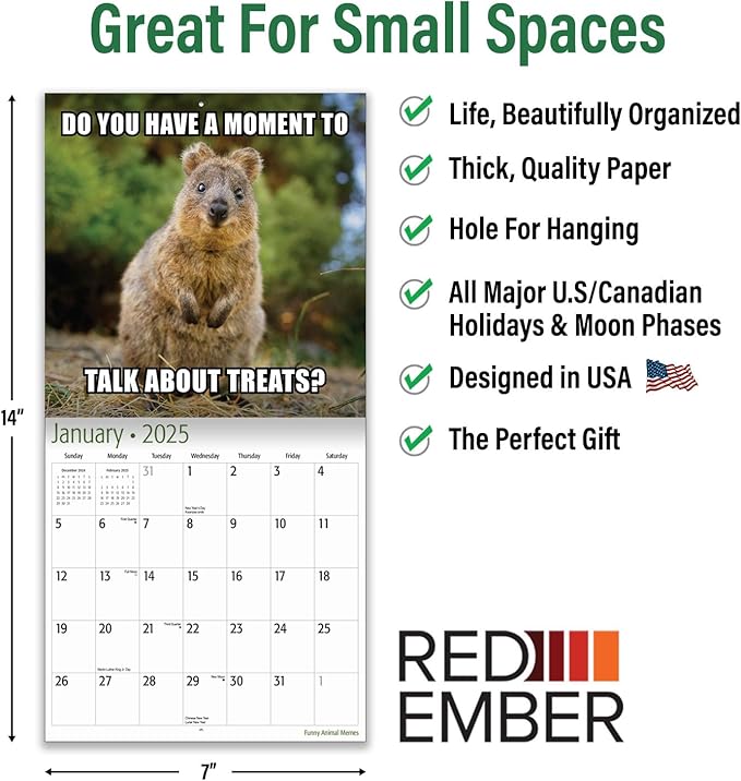 RED EMBER Funny Animal Memes Mini 2025 Wall Calendar 12 Month | 7" x 14" Open | Thick & Sturdy Paper | Giftable | Calendar 2025