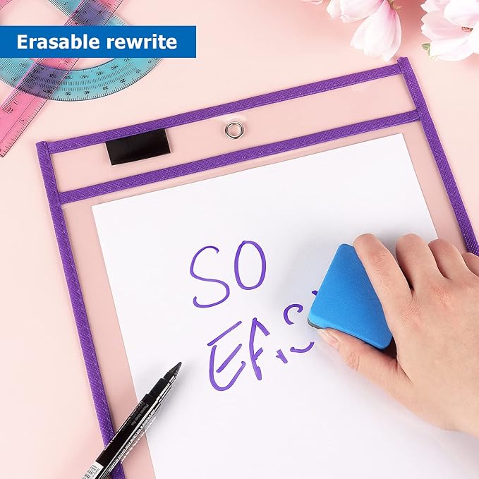 Tamaki 8 Pack Dry Erase Pockets with Rings, 10 x 14 Inch Ticket Holders Clear Plastic Sleeves Sheet Protectors for Teacher Classroom, 8 Assorted Colors