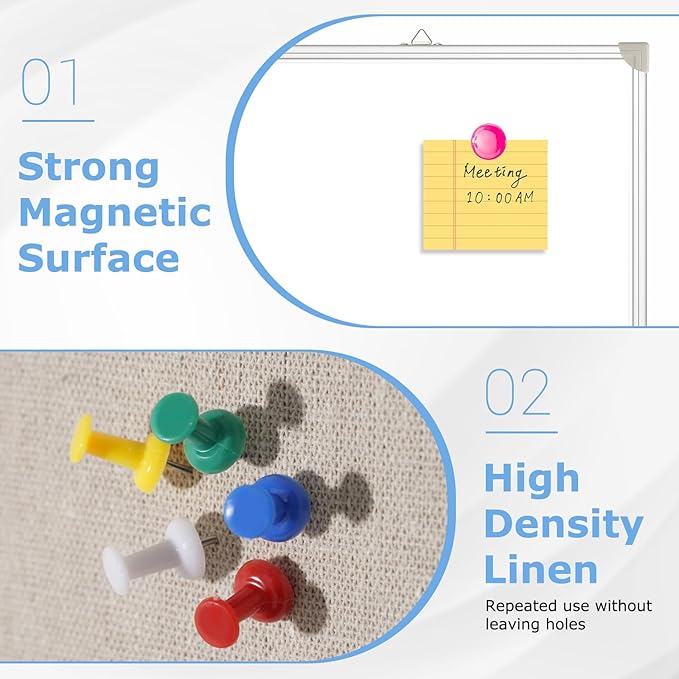 DOLLAR BOSS Foldable Linen Cork Board White Board Combo 48 x 36 in Extra Large Magnetic Whiteboard Dry Erase Bulletin Board Portable Double Sided Aluminum Frame Pin Board for School Office, White