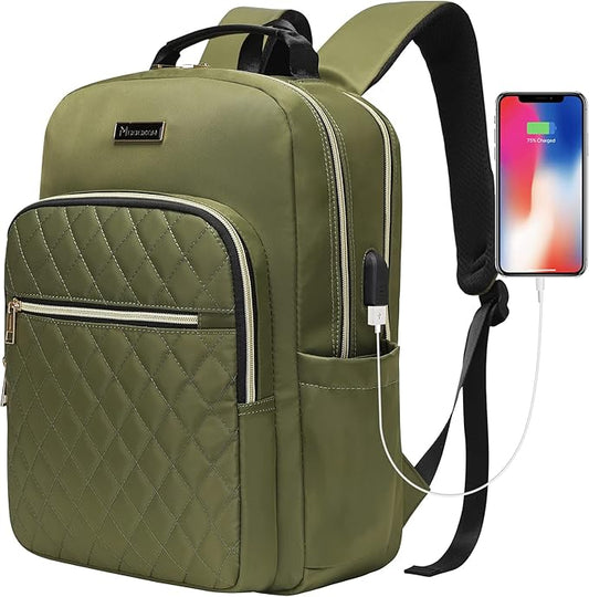 Modoker 15.6 Inch Laptop Backpack for Women, Quilted Work Backpack for Women Bookbag Teacher Backpack, Travel Backpack with USB Charging Port, Backpack Purse for Women Nurse, Green