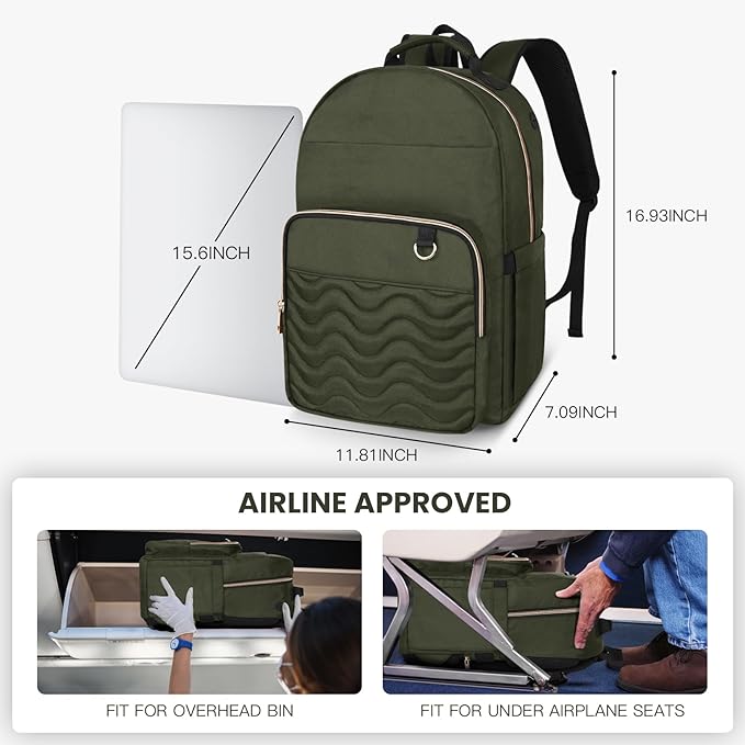 Travel Laptop Backpack for women, Work Backpack Woman with USB Charging Port, Water Resistant College Backpack, Stylish Quilted Girls Backpack Casual Daypack for 15.6 Inch Laptop, Green