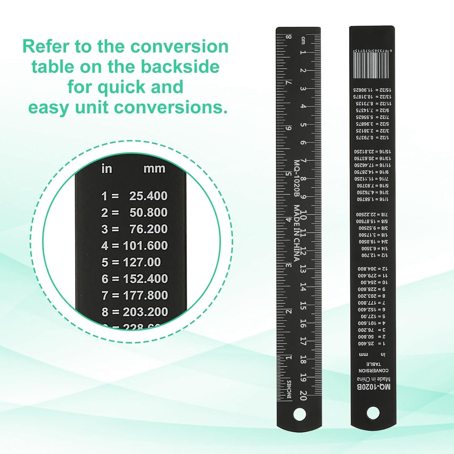 PATIKIL 20cm/8" Metal Ruler, 2 Pack Aluminum Alloy Rulers with Centimeters, Millimeters, Inches and Conversion Table Straight Edge Ruler for Writing Machinist Drafting, Black