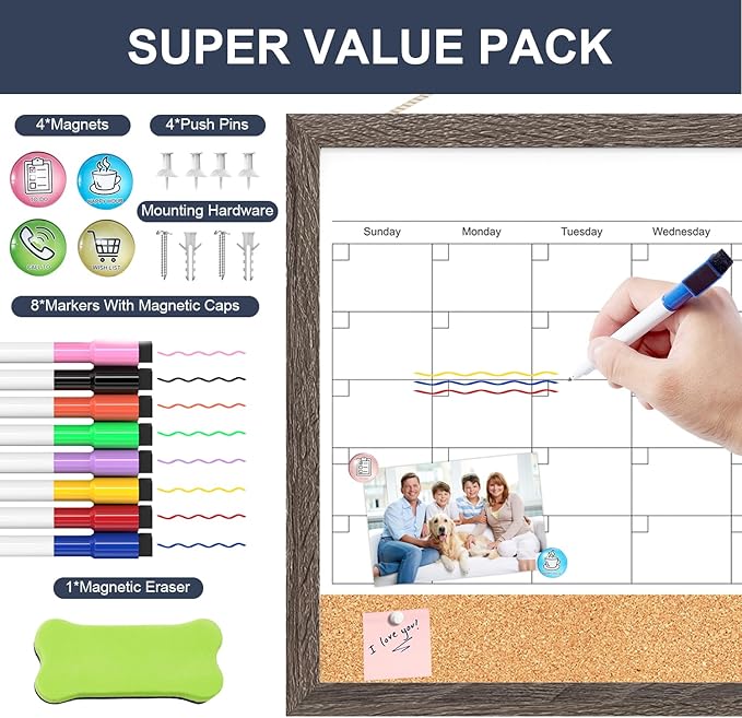 Whiteboard Calendar & Corkboard for Wall, 17"x13" Magnetic Dry Erase Monthly Calendar with Wood Framed, White Board Cork Board Combo, Calendar Bulletin Board for Home Kitchen Office Memo Planner