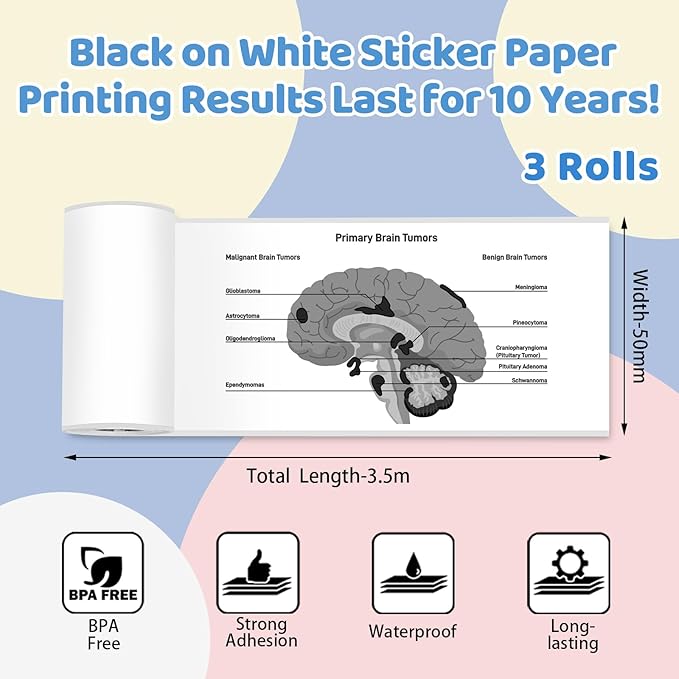 T02 Mini Printer Paper - White Sticker Paper Compatible with T02/M02X/M02L Mini Pocket Printer, Last for 10 Years, Perfect for Journal Photos Study Notes, 50mmx3.5m, 3 Rolls