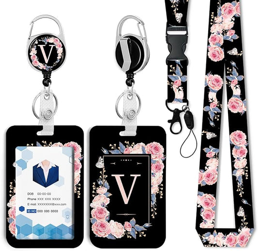 A-Z Badge Holder with Retractable Reel and Breakaway Lanyard Badge Clips Retractable Heavy Duty Badge Reel，Keychain，ID Holder with Breakaway Lanyard for School Nurse Office Teen V