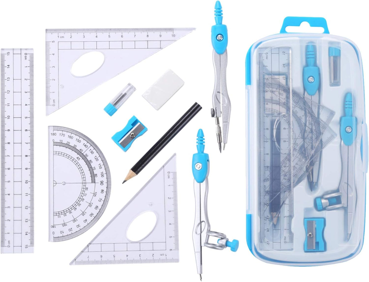 Math Geometry Kit Sets 10 Piece Student Supplies with Shatterproof Storage Box,Includes Rulers,Protractor,Compass,Eraser,Pencil Sharpener,Lead Refills,Pencil,for Drafting and Drawings（Blue）