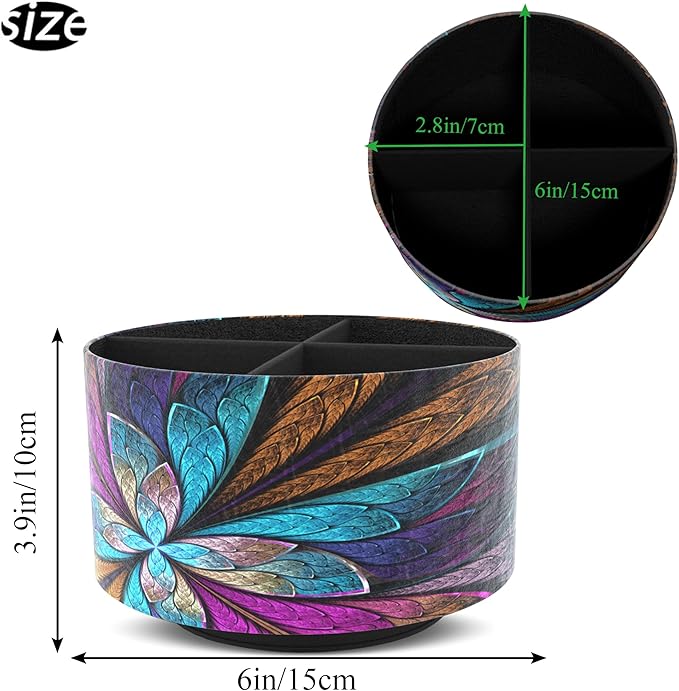 Hennaja Round Leather Art Supply Organizer,Remote Control Holder,360 Degree Rotating,Multi-Functional Pencil Holder,4 Compartments Desktop Stationary Organizer(1-Fractal Flower)