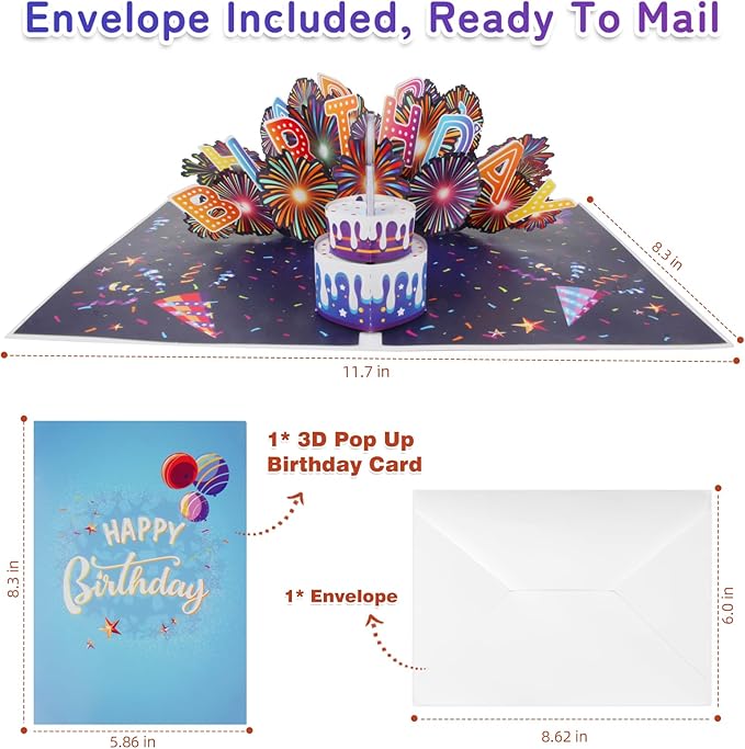 Birthday Cards Fireworks 3D Pop Up Blowable Cake Light Music Happy Birthday Card Gifts for Women,Men, Mom, Kids