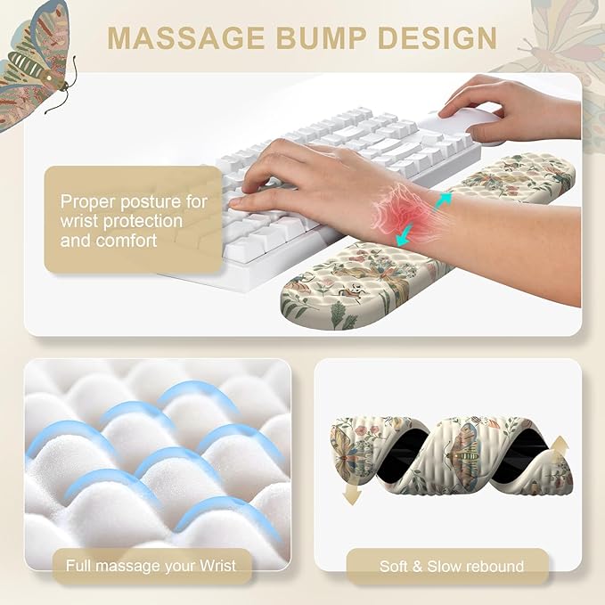 iLeadon Desk Pad Mat,Keyboard Wrist Rest and Mouse Pad Set,Full Desk Mouse Pad Extra Large for Computer Keyboard,Massage Mousepad+Cup Coaster with Non-Slip Base for Home Office,Beige Insect