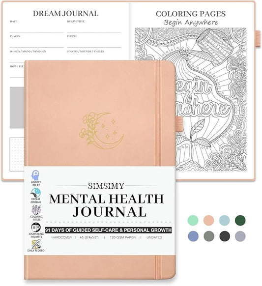 Mental Health Journal, 91-Day Self Care Journal for Women Men, Guided Anxiety & Stress Relief Journal with Mood Tracker, Cognitive Behavioral Therapy Journaling with Mental Health Coloring Pages & Dream Log