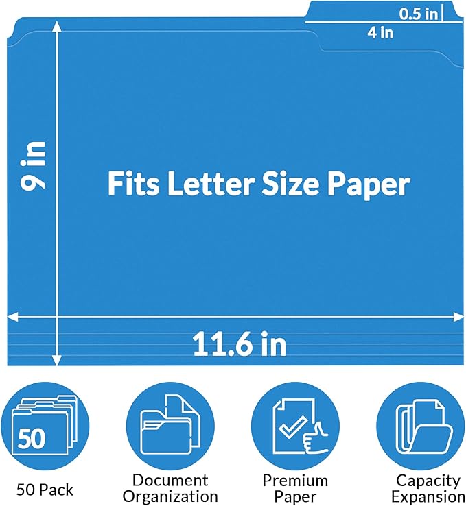 SUNEE File Folders with Fasteners, Manila Folders Letter Size, 2 Reinforced Fasteners, 1/3-Cut Tab, Blue Folders 50 Pack, Keep Organized for Your Office Documents School Files
