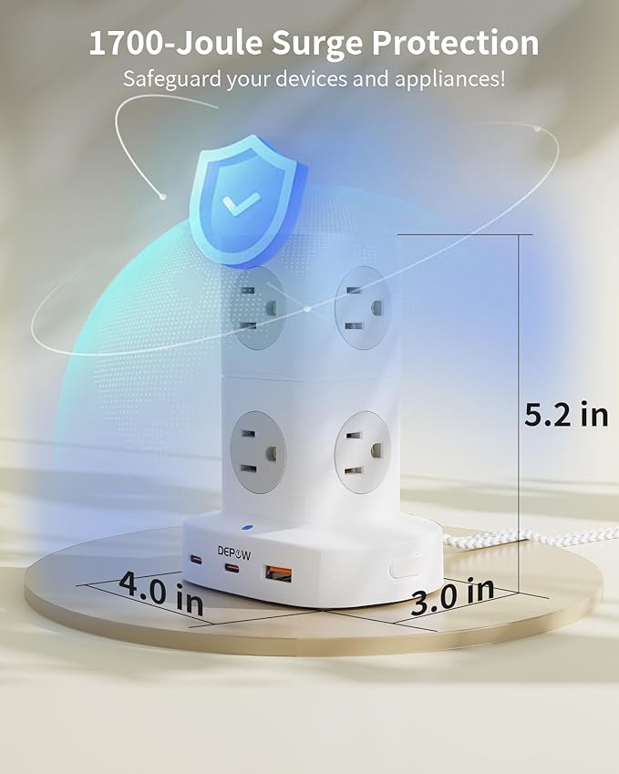 Power Strip Tower, 10 FT Extension Cord with 9 Outlets 3 USB (2 USB C), Surge Protector Tower, Multiple Outlets Power Strip Tower, Ideal for Dorms, Home Office, Travel, Hotels