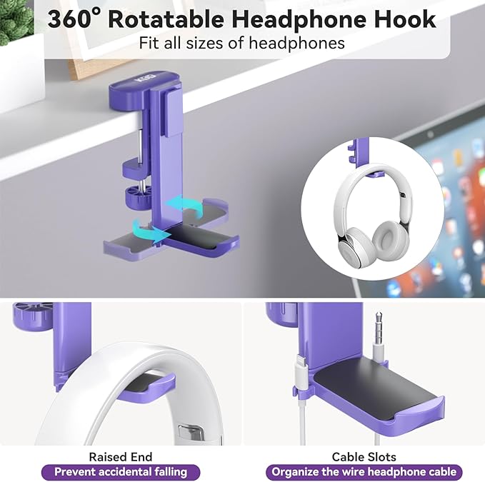 KDD 4 in 1 Desk Cup Holder - Clamp on Under Desk Headphone Hanger - Rotating Headphone Holder Detachable Pen Cup Holder Desk Storage for Cup, Phone and Pen(Purple)
