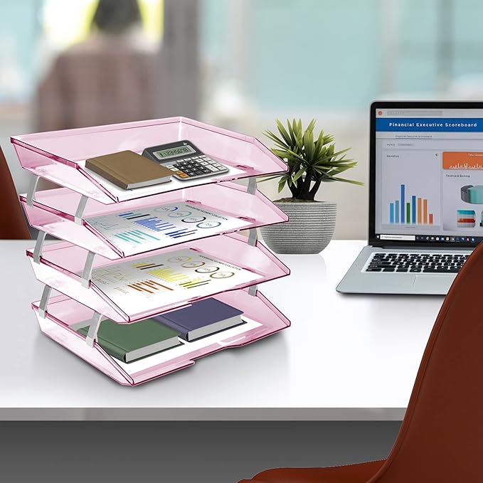 Acrimet 4 Tier Side Load Letter Tray Facility, Desktop File Organizer, A4 Letter Size Paper Organizer, Minimalist Storage Solution Paper Tray for Office, Home, Classroom (Plastic, Clear Pink Color)
