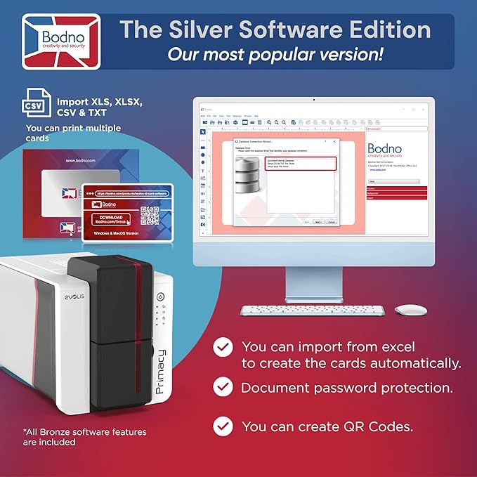 Bodno Evolis Primacy 2 Single Sided ID Card Printer & Complete Supplies Package Silver Edition ID Software
