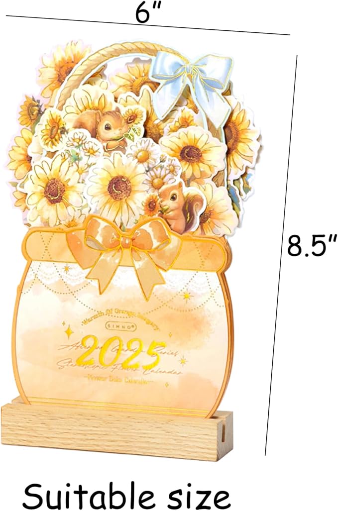 2025 Creative Desk Calendar Unique Flower Basket Shape Standing Monthly Calendar 8.5" x 6" - Sunflower