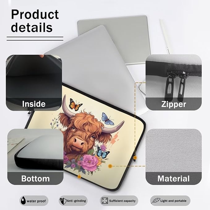 Highland Cattle Laptop Sleeve for Women 12 inch Lap Top Case Lightweight Laptop Protector Zippered Pouches with Humanize Design Computer Carrying Case Flower Cow Tablet Bag Briefcase