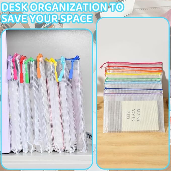 24pcs Mesh Zipper Pouch Bags, Large A3 17x12 Inches Reusable Zipper Bags Puzzle Storage 8 Colors Multipurpose for Board Games Travel Office Supplies and Home Organization