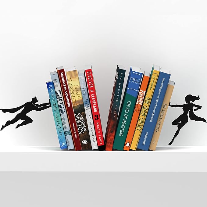 Artori Design Book Ends to Hold Books Heavy Duty Hidden Metal Bookends for Shelves Bookend Book Holder for Home Decorative Gift for Book End Lovers and Home Décor (Supergal+Book&Hero)