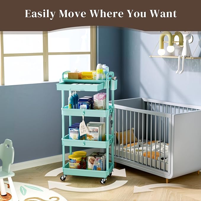 4 Tier Rolling Utility Cart with Drawer, Utility Storage Organizer with Plastic Shelf & Lockable Wheels Multifunctional Storage Cart for Kitchen, Bathroom, Office, Living Room, Blue