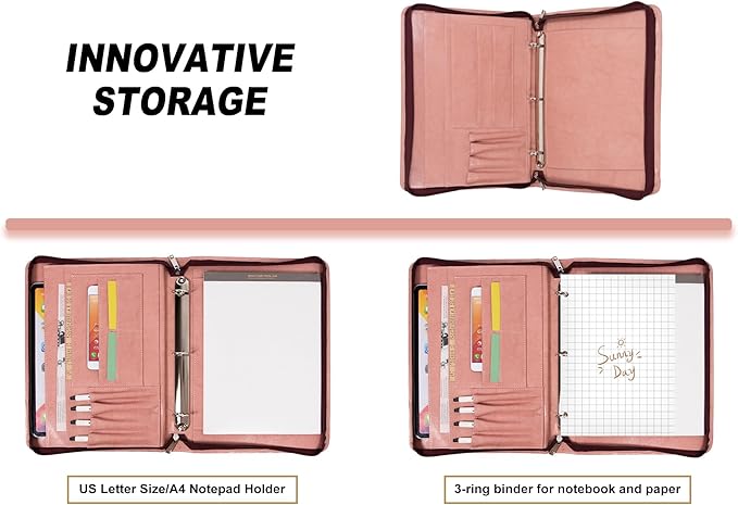 Free Engraved Name, Customized Pink Binder Portfolio, 3 Ring Binder Padfolio, Business Organizer Folio with Zipper, A4 Letter Sized Clipboard Portfolio, Gift for for Women/Girls, Pink