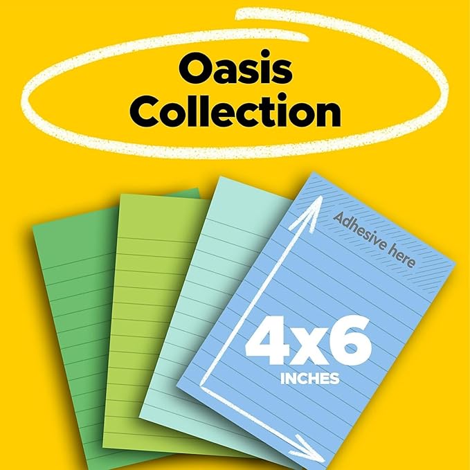 Post-it 100% Recycled Paper Super Sticky Notes, Lined, 4 in. x 6 in., 4 Pads, 45 Sheets per Pad, Oasis Collection, School Supplies and Office Products