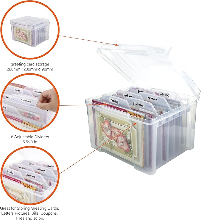 Greeting Card Storage & Organizer Box with 6 Removable Dividers for Holiday Birthday Get Well Cards Photos, Crafts, Scrapbooking(Clear)