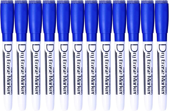 Volcanics Magnetic Dry Erase Markers With Eraser Cap Low Odor Fine Tip Whiteboard Pens Markers for Kids Thin Box of 12, Blue