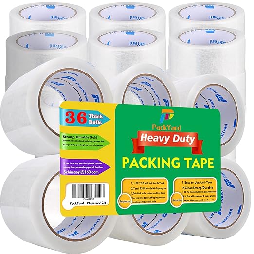 Packing Tape Refill 36 Rolls Heavy Duty Sealing Great for Packing Box Shipping and Moving Supplies Packaging 1.88" x 65 Yards 3" Core 2.0 Mil Thick