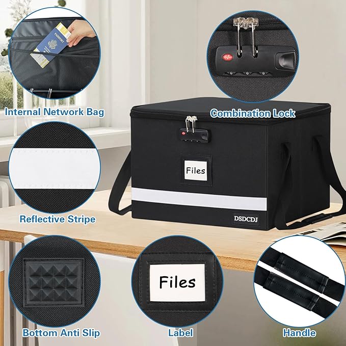 File Box with Lock 2 Pack - Portable File Box with Handle, Sturdy Important Document Organizer with Label, Slide, Reflective Strip for Hanging Letter/Legal Folder