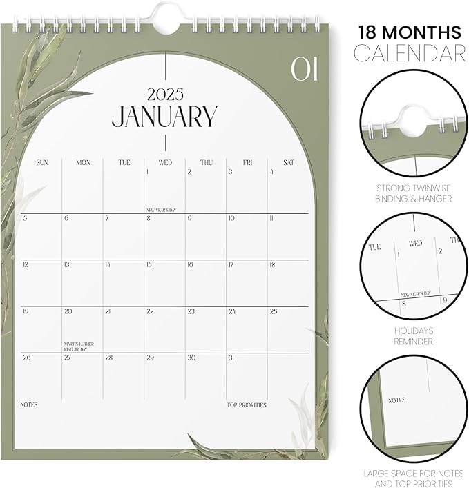 Calendar 2025 - Vertical 8.5x11 2025 Wall Calendar Runs Until June 2026 - Easy Planning with the Aesthetic Wall Calendar 2025-2026 Monthly - Karto - Boho Greenery
