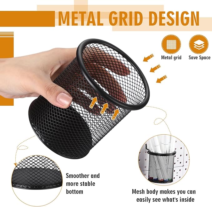 Spakon 6 Sets Pegboard Cups with Ring Hook Pegboard Bin Holder Pegboard Organizer Multipurpose Pen Cup Metal Pencil Holder Peg Board for Desk Office Garage (Black,2.95x2.95x3.74'',Straight)