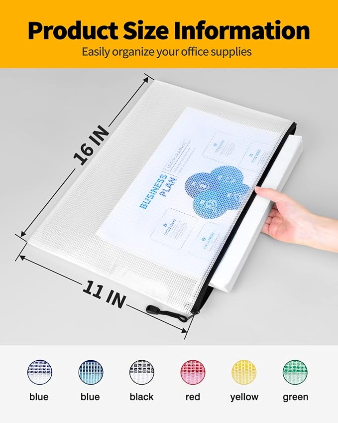 SUNEE Plastic Mesh Zipper Pouch 11x16 in (Black, 12 Packs) Extra Large Zip File Bags for Office Supplies, Cosmetics, Travel Storage, Bills, Accessories, Puzzles & Games Organizing Storage