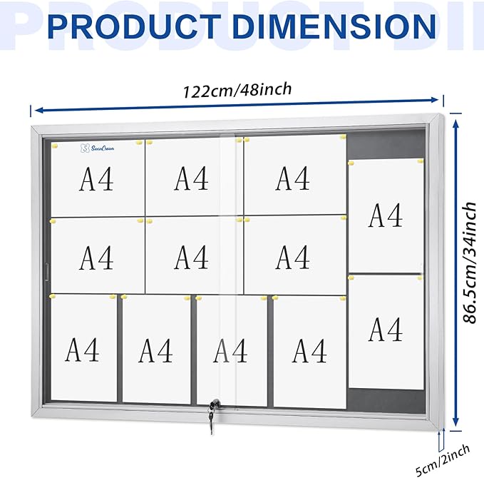 SWANCROWN Enclosed Locking Bulletin Board Gray Fabric Message Board with Sliding Glass Doors,for Indoor Use,48"x34"