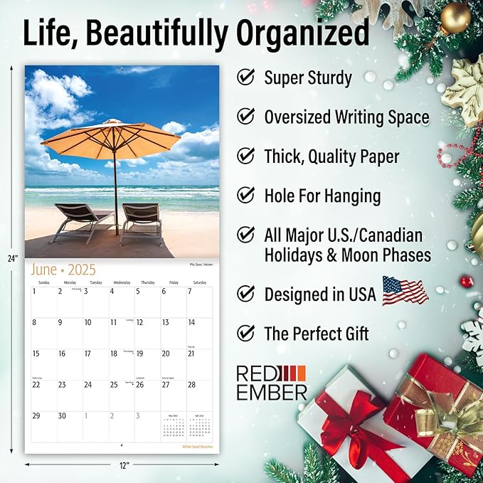 RED EMBER White Sand Beaches 2025 Wall Calendar 12 Month | 12" x 24" Open | Thick & Sturdy Paper | Giftable | Calendar 2025