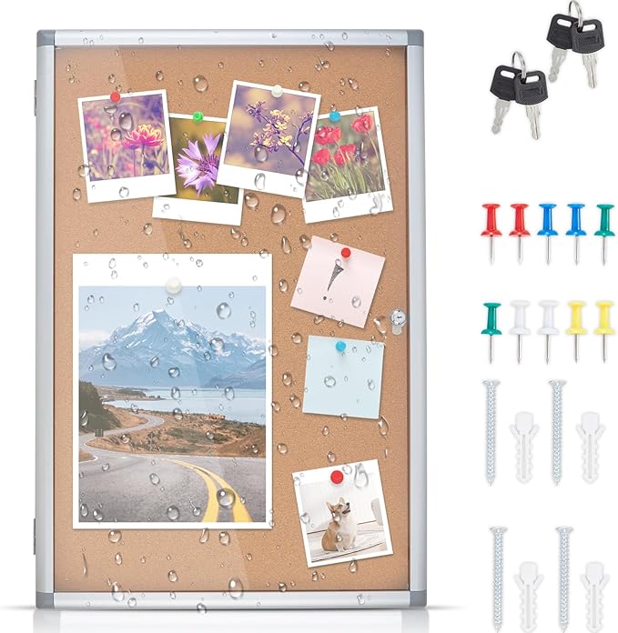 Outdoor Enclosed Cork Bulletin Board Tamper-Proof Dispaly Case, Aluminium Frame, Weatherproof Cork Noticeboard, Enclosed Cork Board for School, Office, Restaurant, Hospital etc（38 * 28inches）