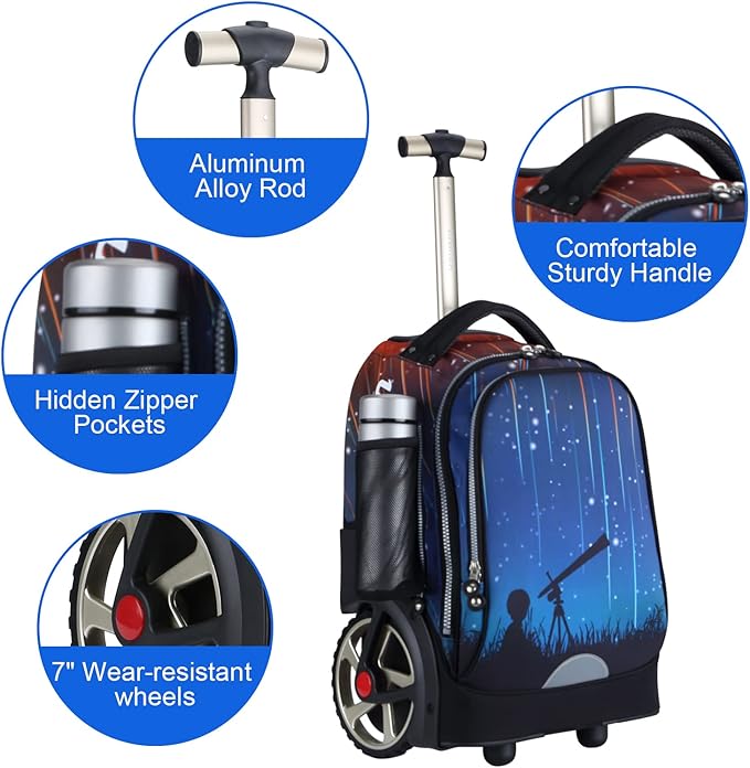 UNIKER Rolling Backpack without Straps for Boys, Roller Travel Bag,Wheeled Bookbag High School,Trolley Middle School Bag for Teens,Schoolbag with Wheels