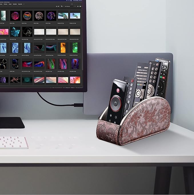 YAPISHI All-in-One Leather Brown TV Remote Holder with 5 Compartments Nightstand Desktop Media Player Remote Caddy Storage Box Organizer Tray for Mobile Office Phone Controller