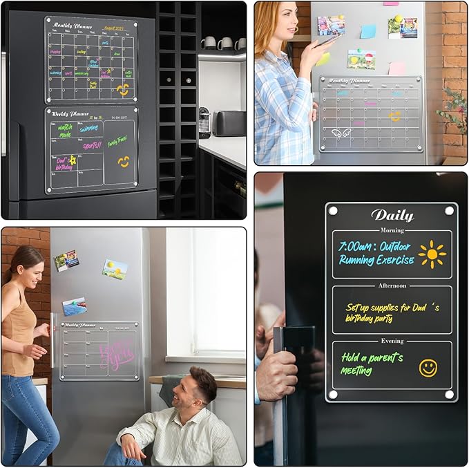 DIYMAG 3Pcs Acrylic Magnetic Dry Erase Calendar for Fridge, Clear Acrylic Calendar Planning Board Set Magnetic Weekly Monthly Planner Menu for Refrigerator with 6 Highlight Markers