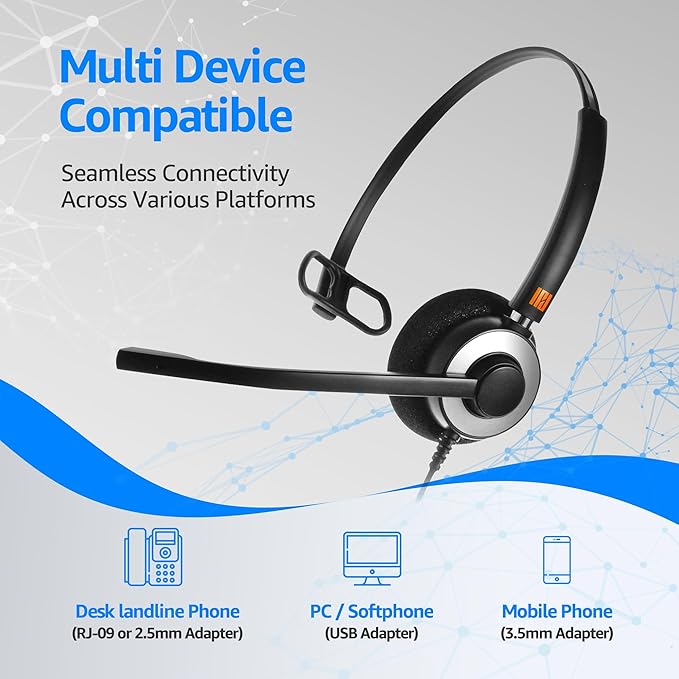 IPD IPH-160 Phone Headset with Noise Cancelling Microphone for Office and Call Center- Comapatible with Polycom VVX, Aastra,Avaya Digital, Nortel,Samsung,Mitel landline Phones.