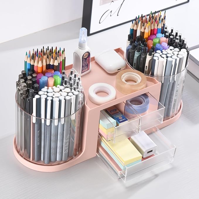 Rotating Desk Organizer with 2 Pen Holder, Desk Organizers and Accessories with 10 Slots Pencil Holder for Desk + 3 Drawer, Art Supply Storage Box Caddy for Office School Home (Pink)