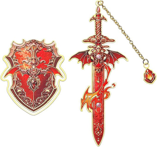 Dragon Knight Metal Bookmark & Book Clip Set - Sword Book Mark with Pendant & Shield Page Marker Clip - Fire Red Fantasy Gift for Men, Women, Kids, Readers, Book Lovers, RPG Gamers | Hymn to Heroes